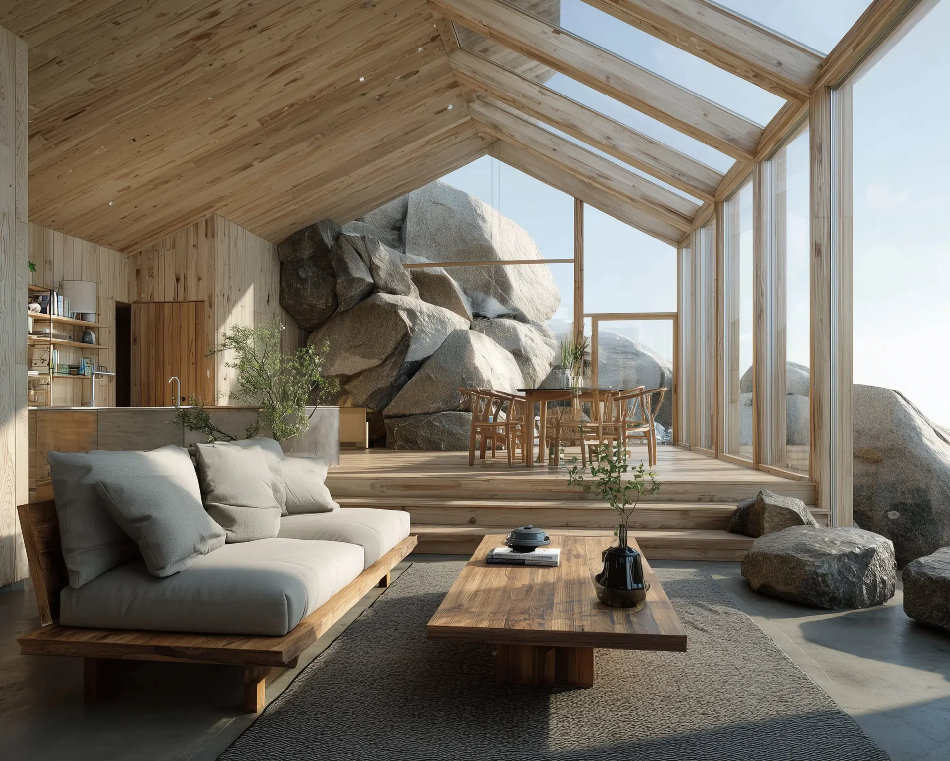 Mountain minimalist  living space integrated  with natural boulders