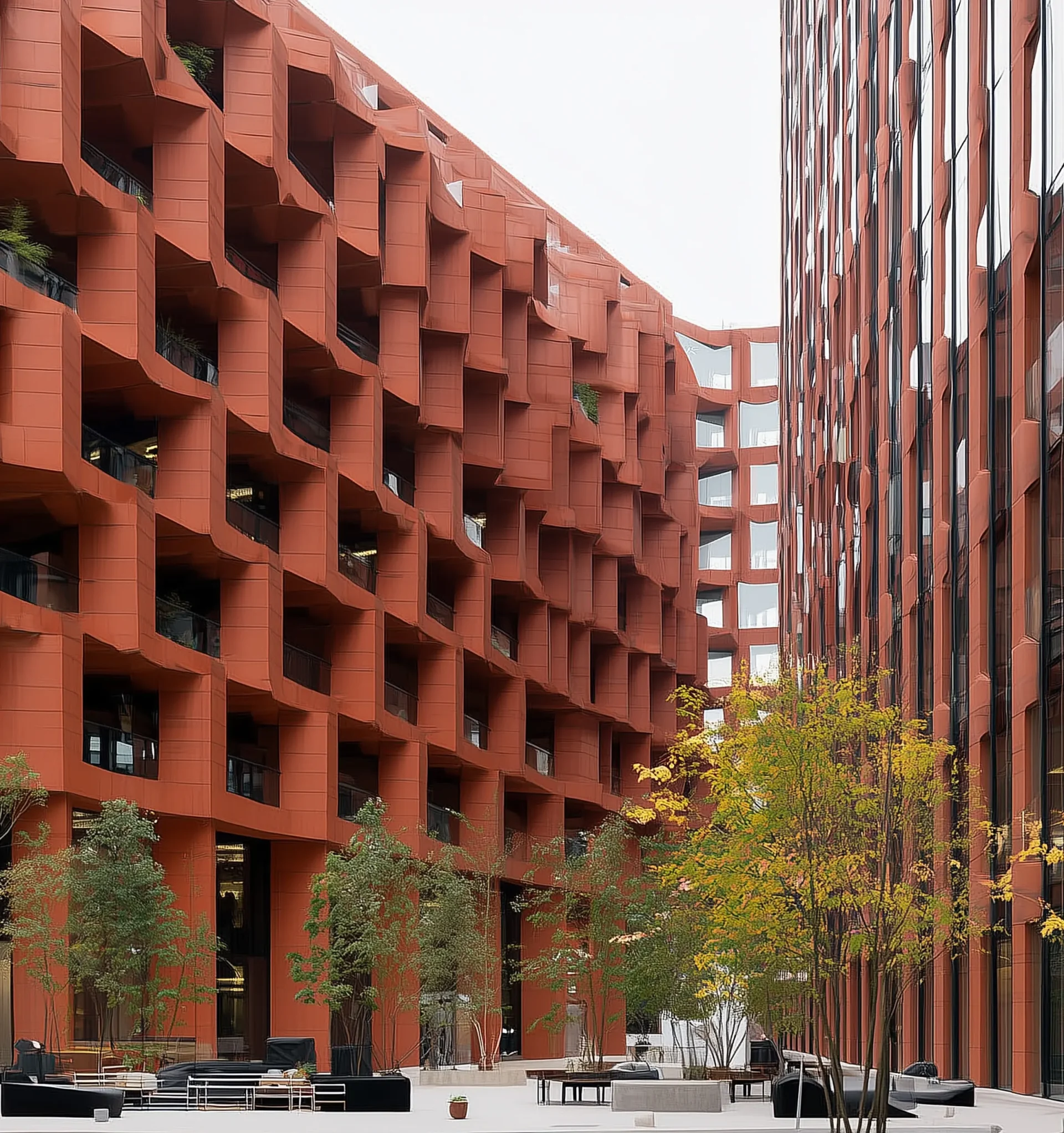 Modern terracotta business center with geometric facade